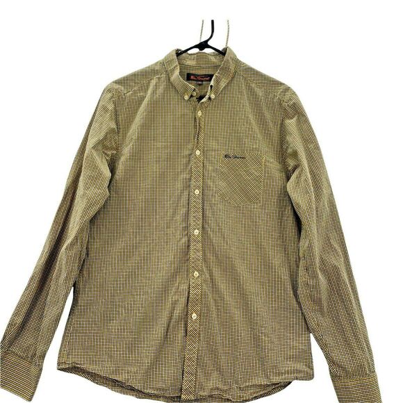 Ben Sherman Mens XL Long Sleeve Button Down Yellow Gold & Blue Plaid Shirt - Picture 3 of 12